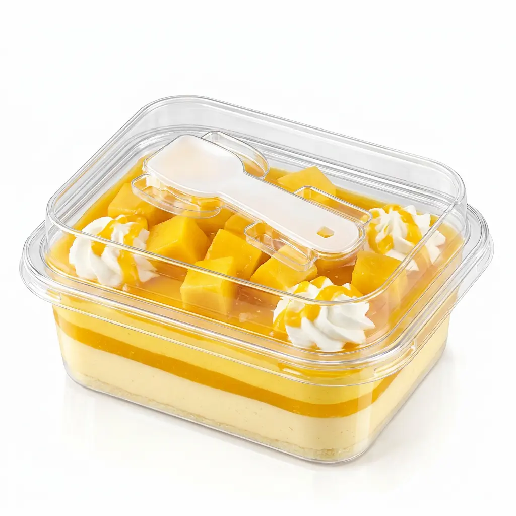 Clear rectangular PET dessert box with spoon lid for mango cheesecake