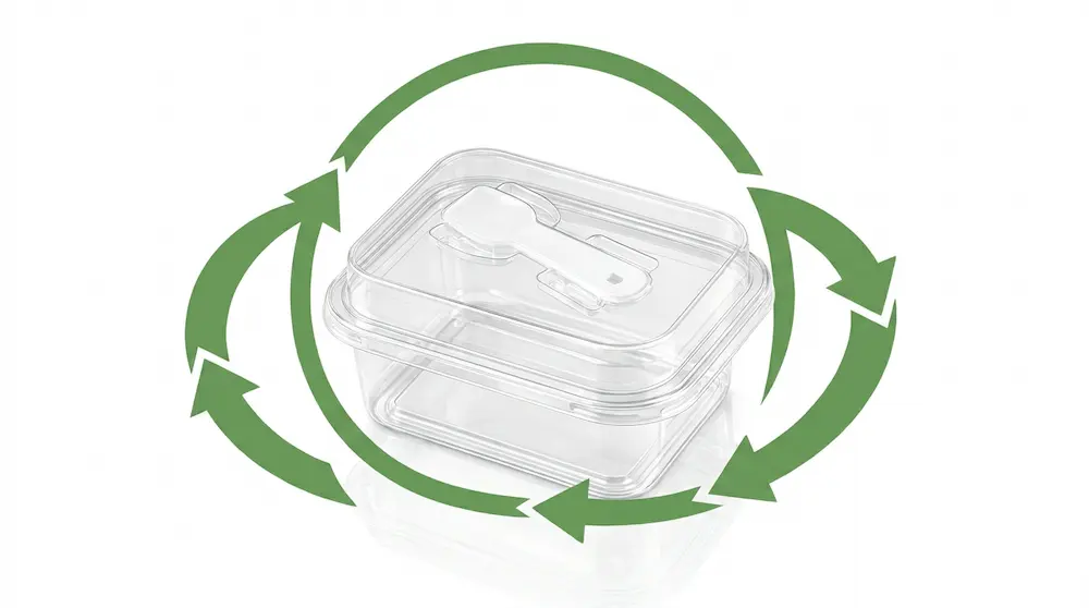 Clear rectangular PET dessert box with integrated spoon lid and green recycling arrows