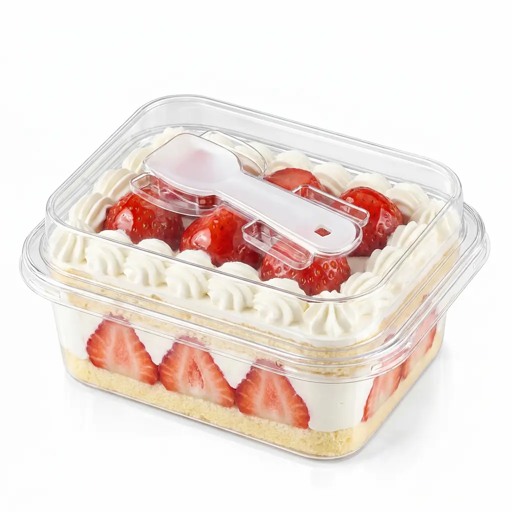 clear-rectangular-pet-dessert-box-strawberry-shortcake Clear rectangular PET dessert box with spoon lid for strawberry shortcake