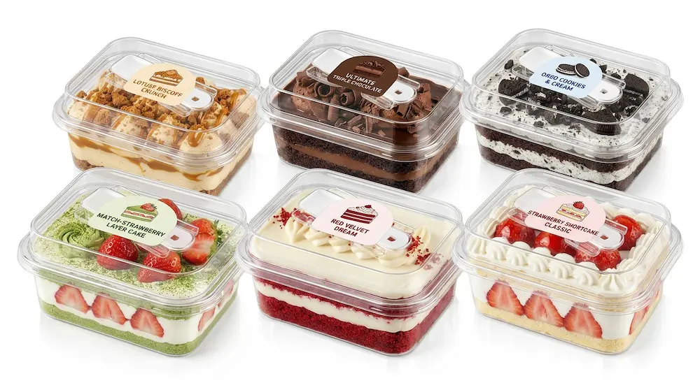 Clear rectangular PET dessert boxes with flavor labels for assorted bakery cakes