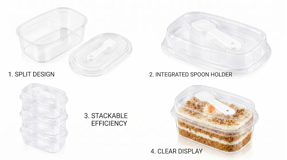Clear rectangular tall-lid PET dessert box functional design with split lid spoon holder stackable efficiency and clear display