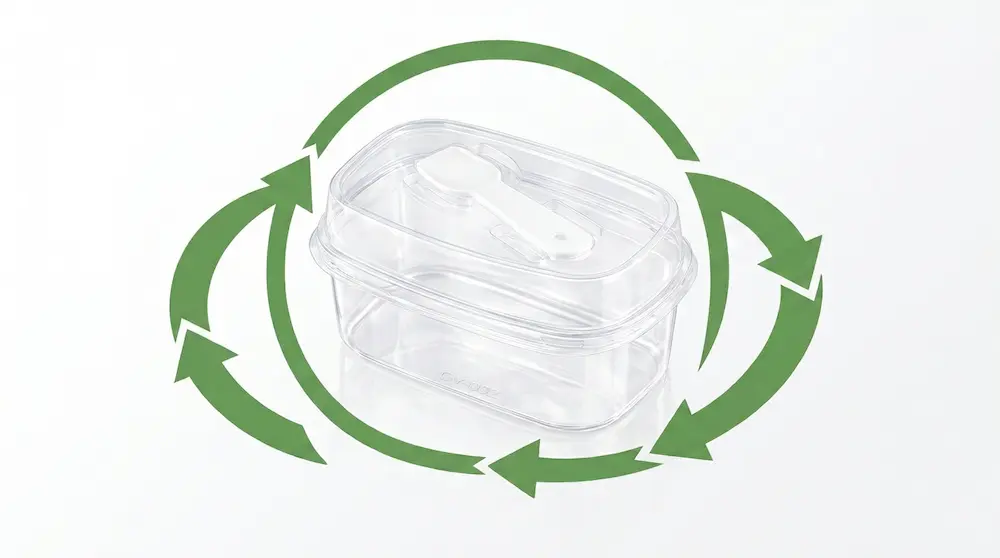 Clear rectangular tall-lid PET dessert box with integrated spoon and green recycling arrows