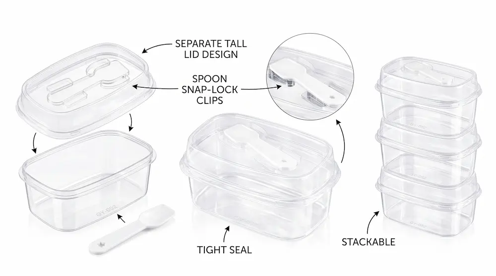 Clear rectangular tall-lid PET dessert container feature overview with spoon snap-lock clips tight seal and stackable design