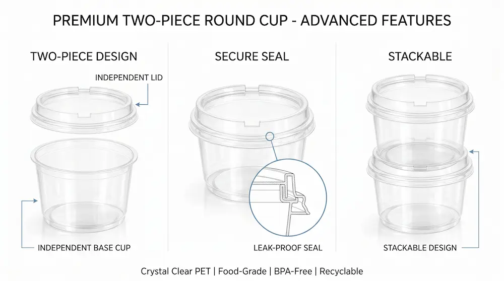 Clear round dessert container with PET/RPET anti-fog lid showing two-piece design, secure seal, and stackable structure for bakery packaging.