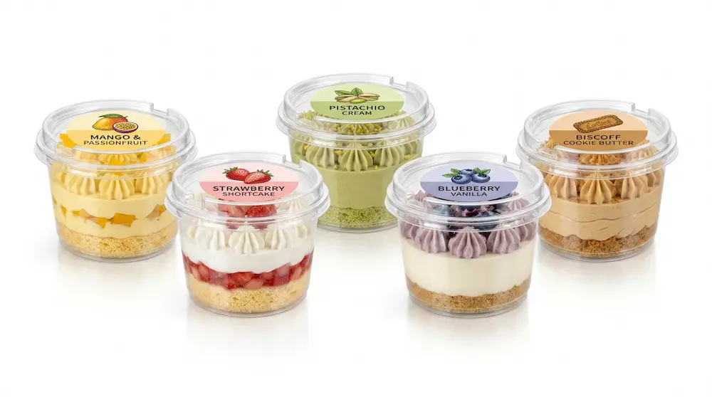 Clear round dessert containers with PET/RPET anti-fog lids and labels for mango passionfruit, strawberry shortcake, pistachio cream, blueberry vanilla, and Biscoff desserts.