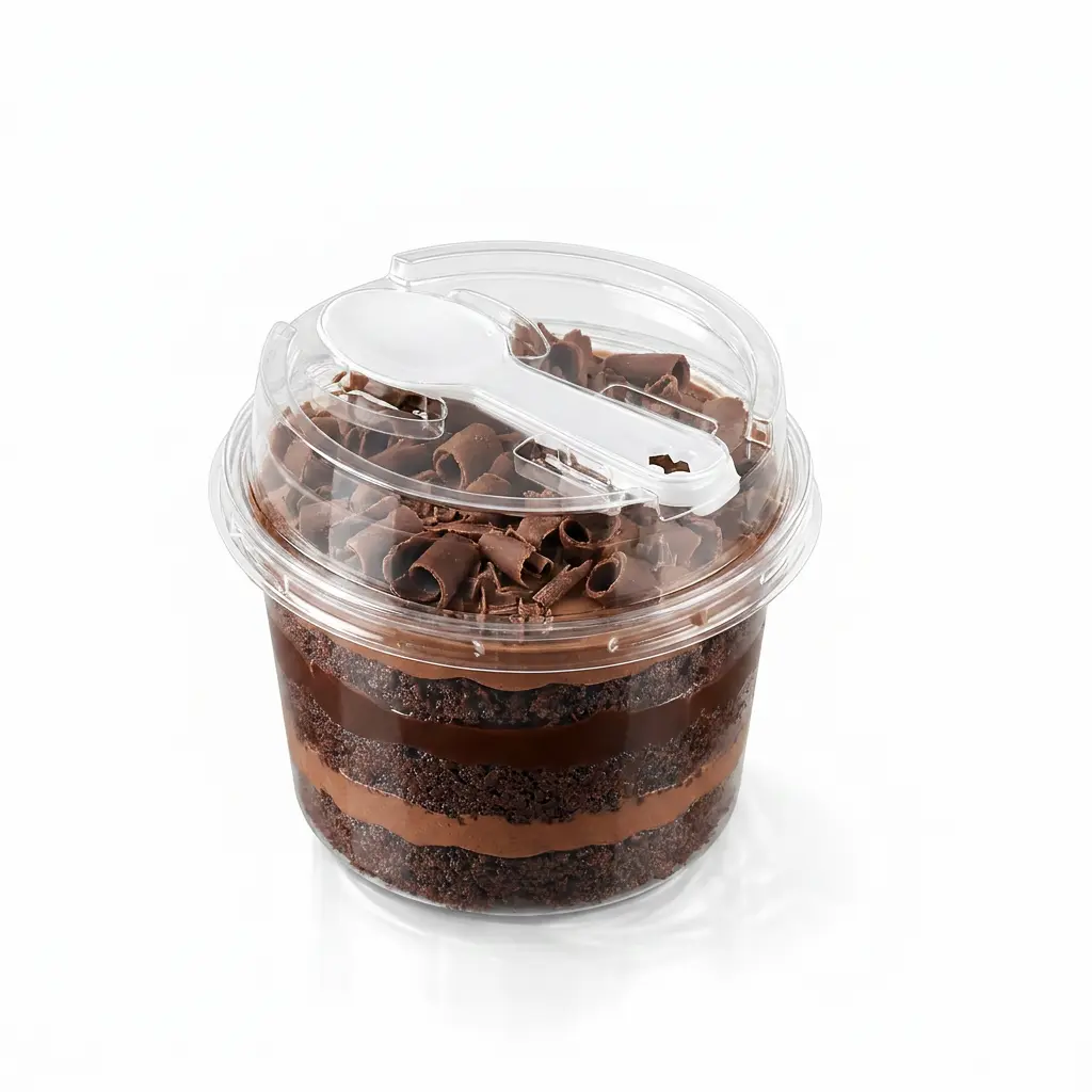 clear-round-pet-cake-cup-chocolate-fudge-cake Clear round PET cake cup with spoon lid for chocolate fudge cake