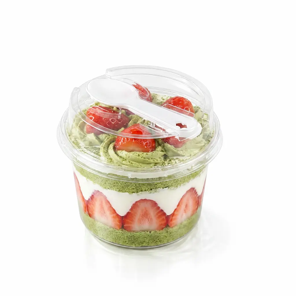 clear-round-pet-cake-cup-matcha-strawberry-cake Clear round PET cake cup with spoon lid for matcha strawberry cake