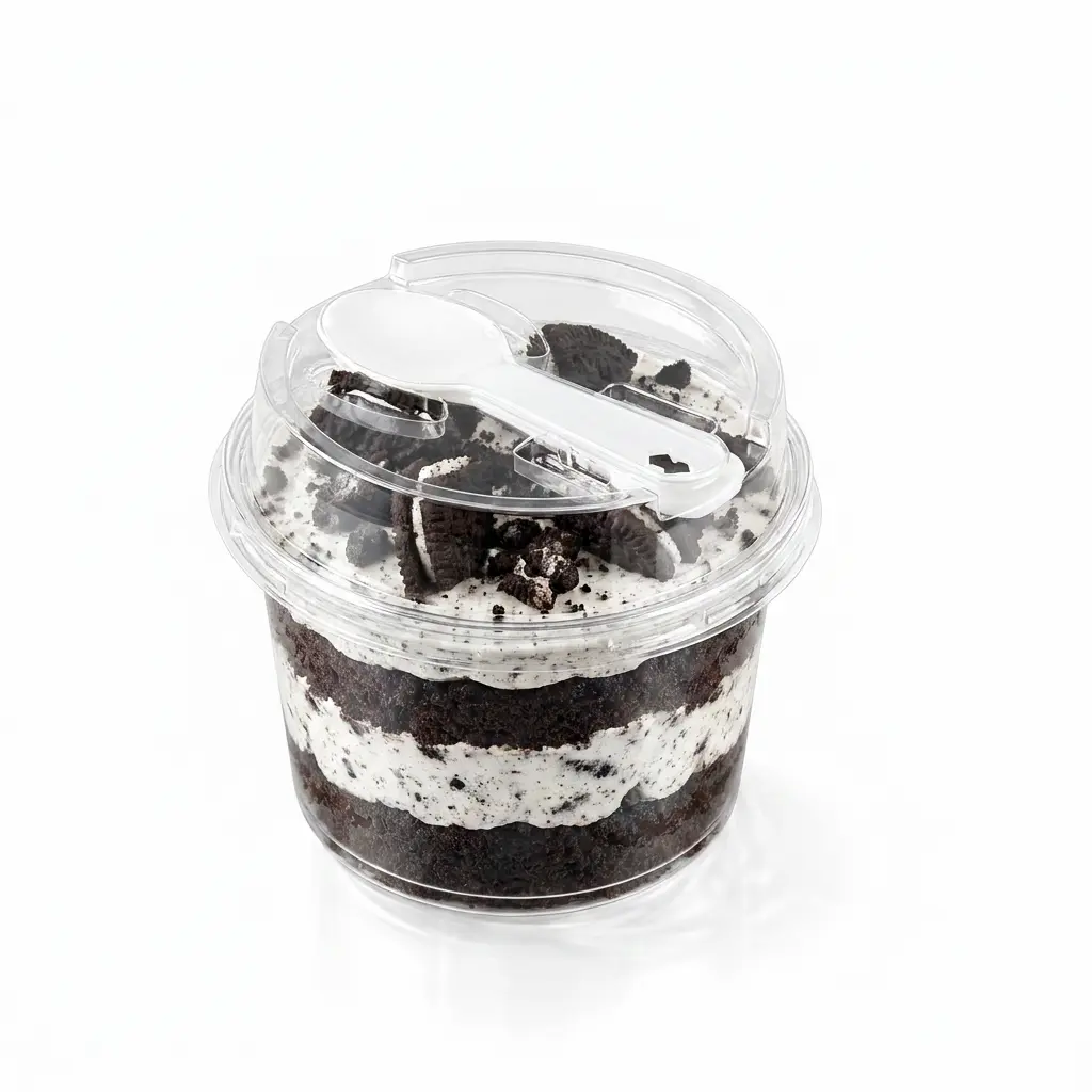 clear-round-pet-dessert-cup-cookies-cream-cake Clear round PET dessert cup with spoon lid for cookies and cream cake