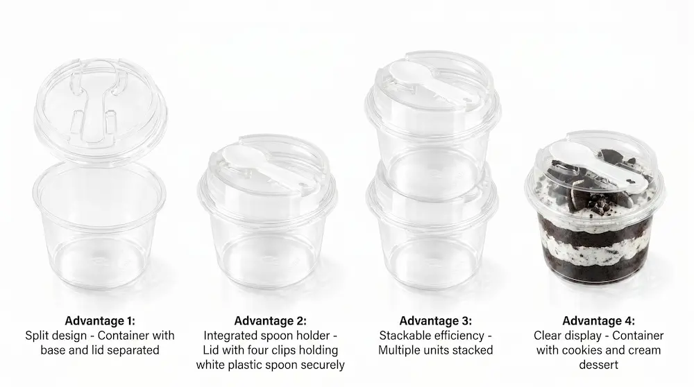 Clear round PET dessert cup functional design with split lid spoon holder stackable structure and clear display
