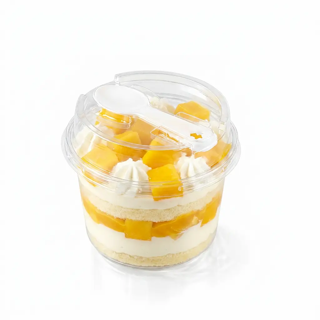 clear-round-pet-dessert-cup-mango-cheesecake Clear round PET dessert cup with spoon lid for mango cheesecake