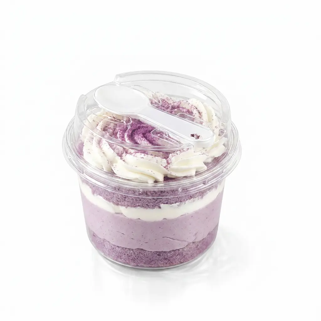 Clear round PET dessert cup with integrated spoon lid for purple cream cake