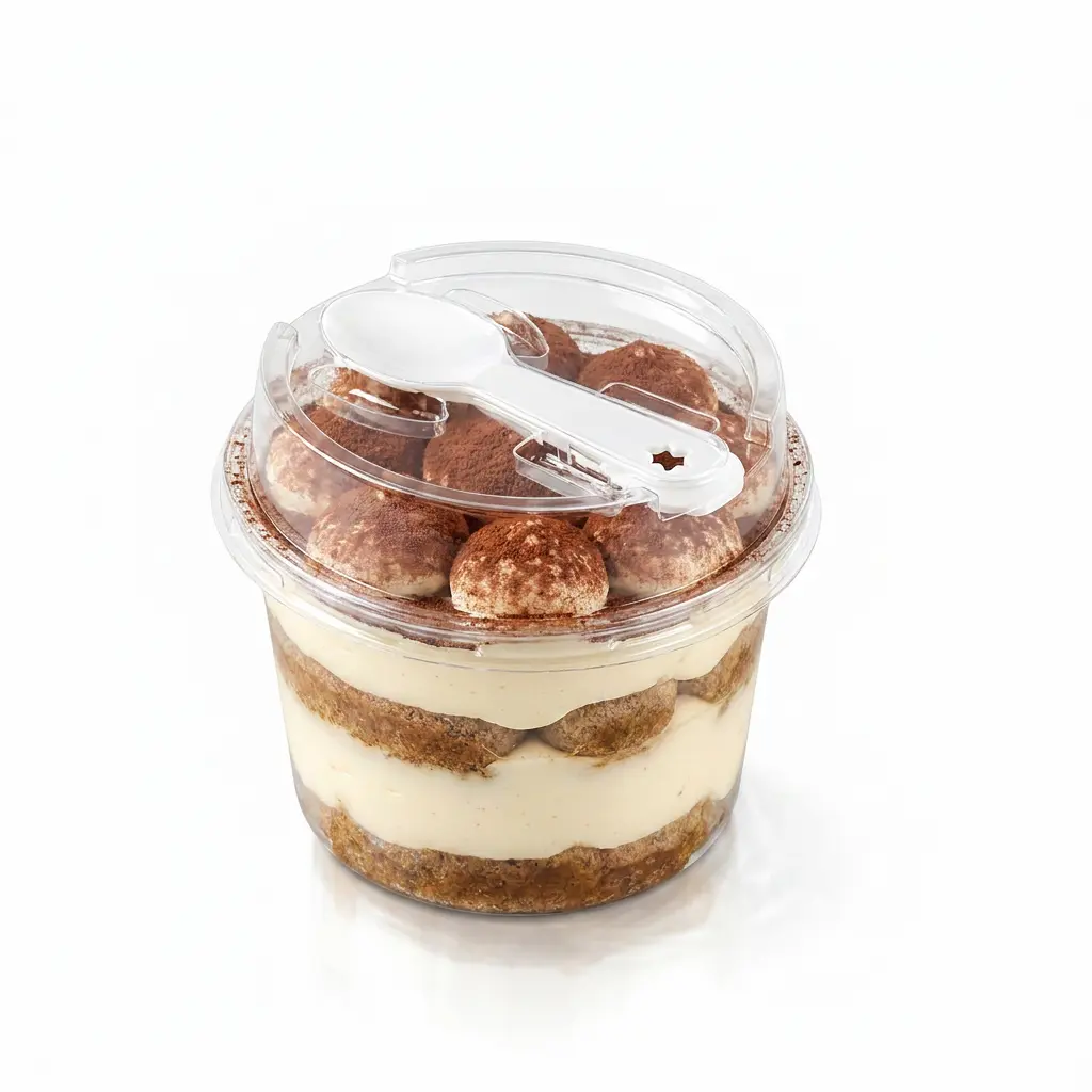 clear-round-pet-dessert-cup-tiramisu-cake Clear round PET dessert cup with spoon lid for tiramisu cake