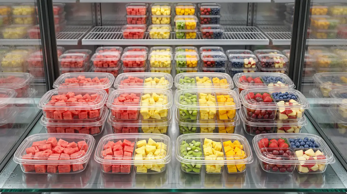 Clear RPET PET snack containers for office fruit snacks, apple slices, grapes, and ready-to-eat portions