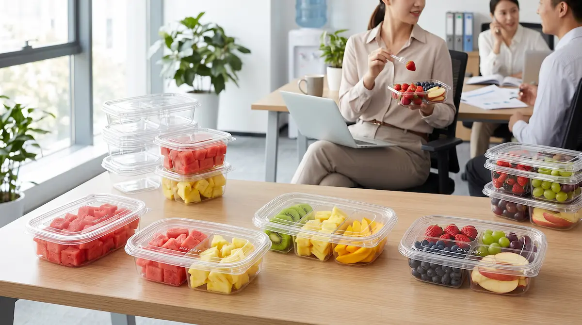 27OZ 800ML clear RPET PET snack containers displayed in refrigerated case for apple slices and grapes