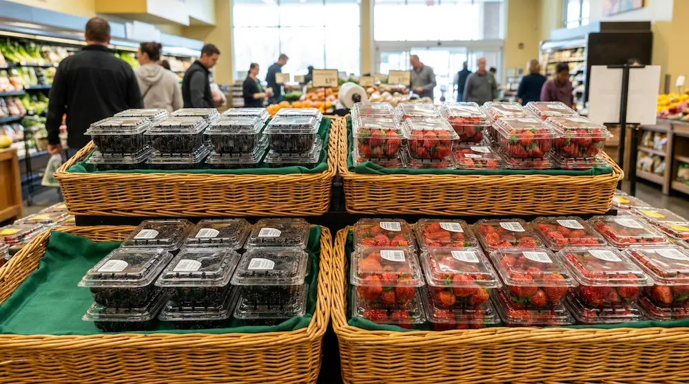 Clear small vented fruit clamshell containers in wicker basket produce display