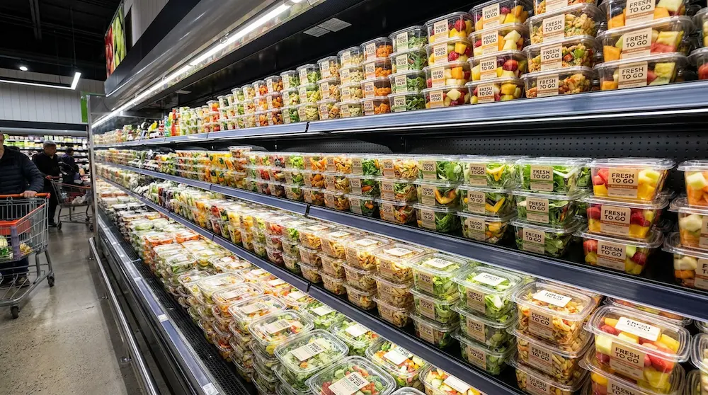 Clear square flat lid food containers for high-volume fresh food retail aisle
