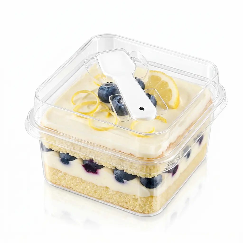 clear-square-pet-cake-box-lemon-blueberry-cake Clear square PET cake box with spoon lid for lemon blueberry cake