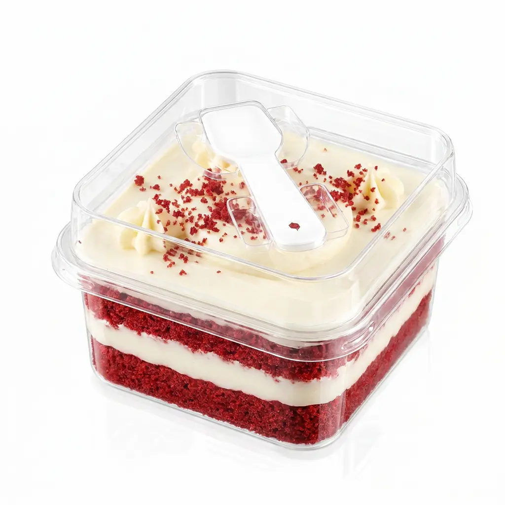 clear-square-pet-cake-box-red-velvet-cake Clear square PET cake box with spoon lid for red velvet cake