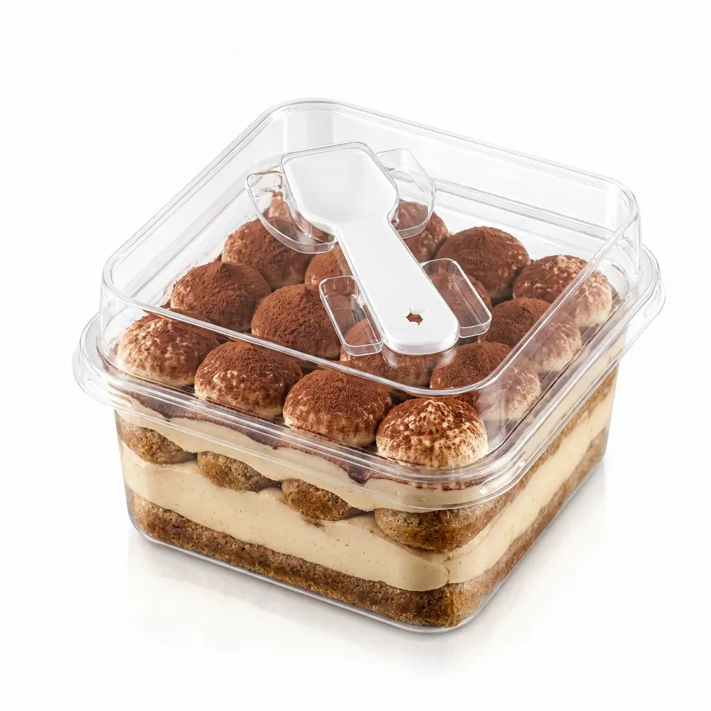 clear-square-pet-cake-box-tiramisu-dessert Clear square PET cake box with spoon lid for tiramisu dessert