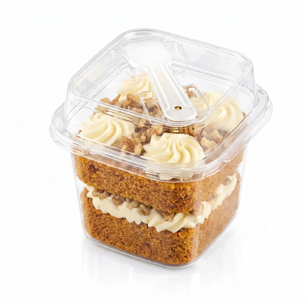 clear-square-pet-cake-cup-carrot-walnut-cake Clear square PET cake cup with spoon lid for carrot walnut cake