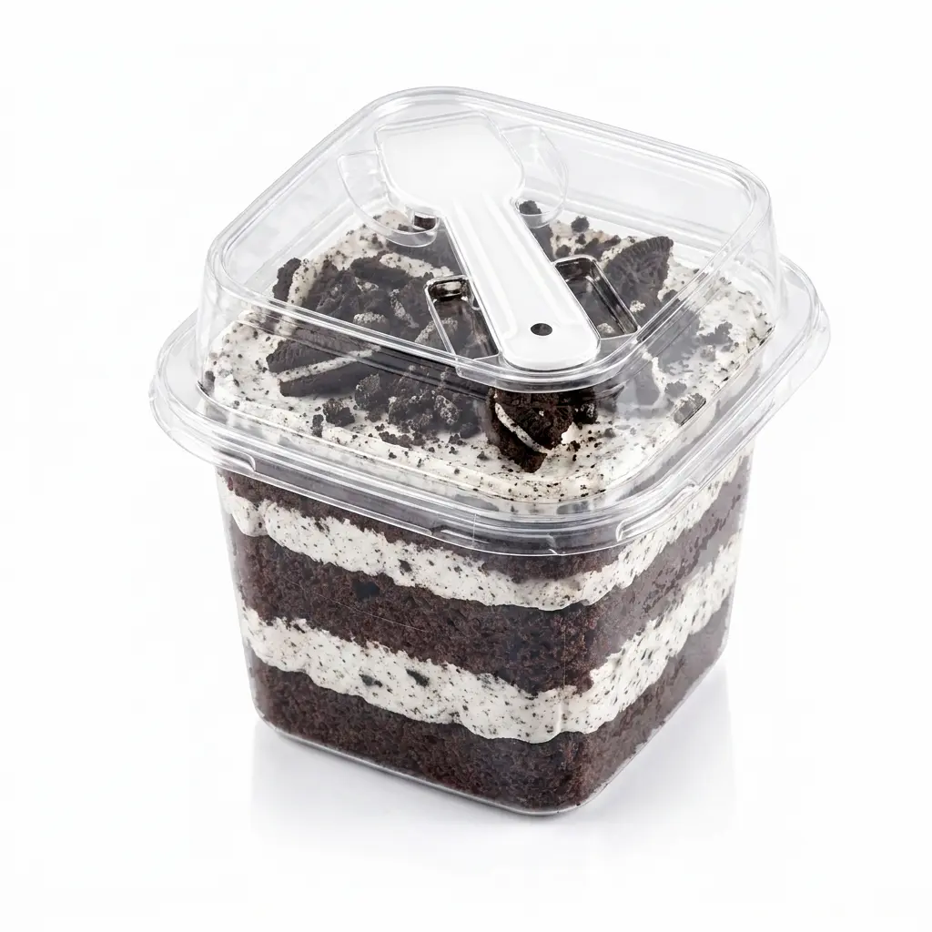clear-square-pet-cake-cup-cookies-cream-cake Clear square PET cake cup with spoon lid for cookies and cream cake