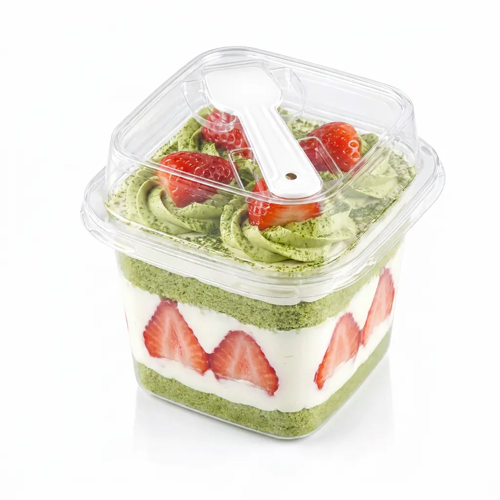 clear-square-pet-cake-cup-matcha-strawberry-cake Clear square PET cake cup with spoon lid for matcha strawberry cake