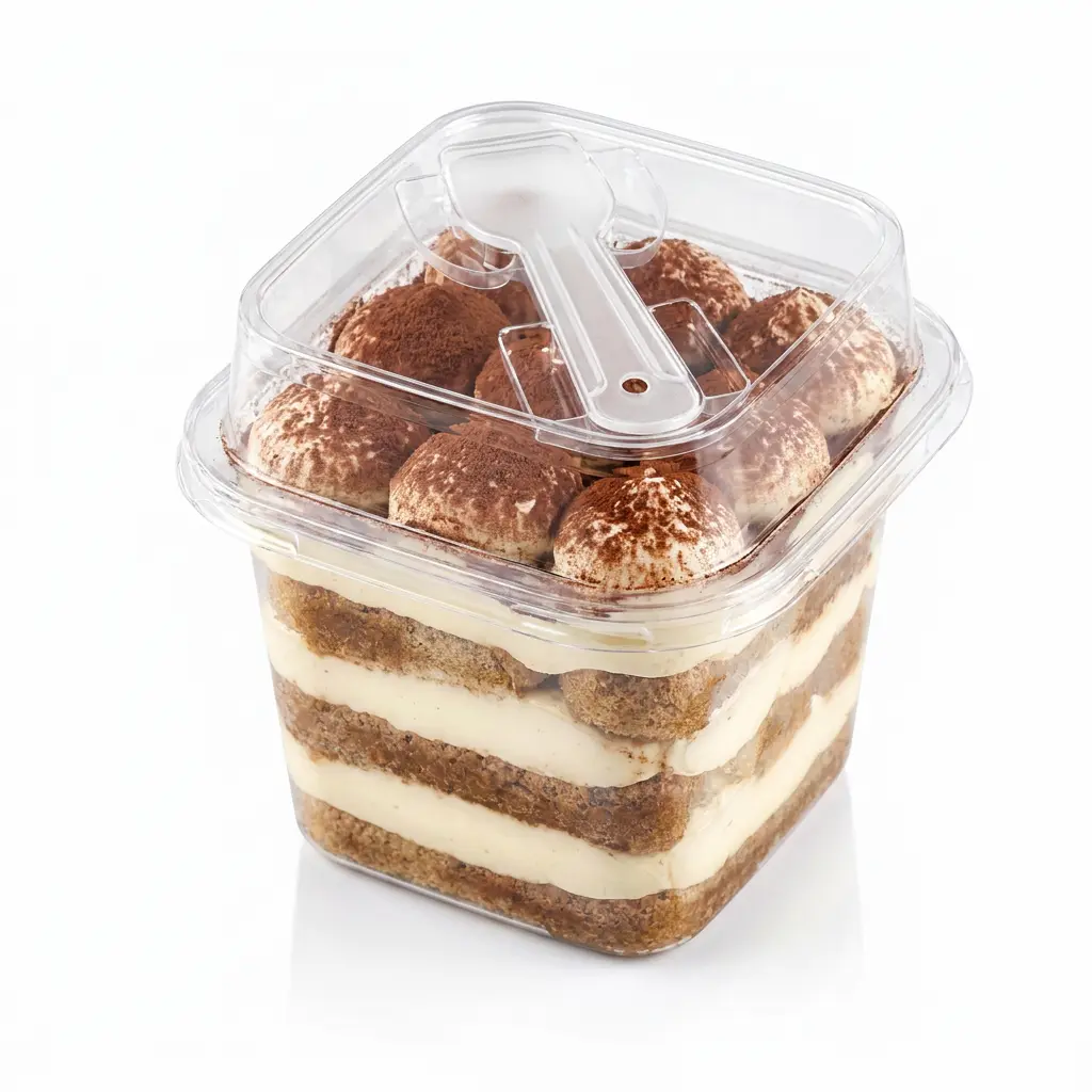 clear-square-pet-cake-cup-tiramisu-dessert Clear square PET cake cup with spoon lid for tiramisu dessert