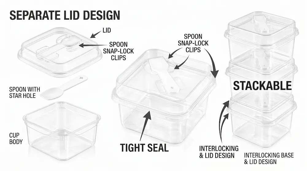 Clear square PET dessert box with separate lid spoon snap-lock clips tight seal and stackable design