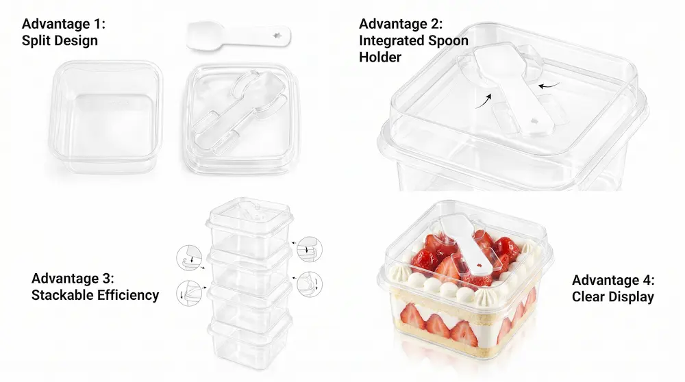 Clear square PET dessert box functional design with split structure spoon holder stackable efficiency and clear display