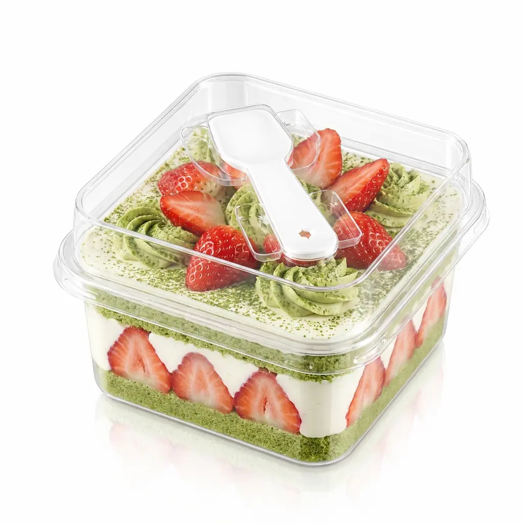 clear-square-pet-dessert-box-matcha-strawberry-cake Clear square PET dessert box with spoon lid for matcha strawberry cake