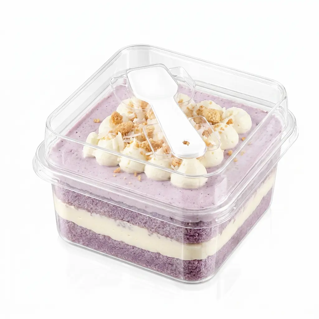 Clear square PET dessert box with integrated spoon lid for purple cream cake