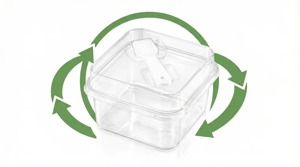 Clear square PET dessert box with integrated spoon lid and green recycling arrows