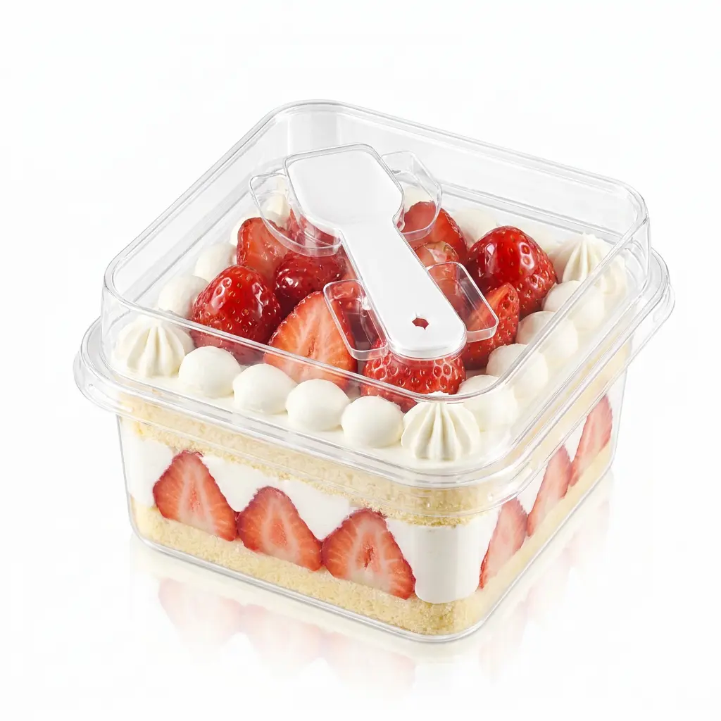 clear-square-pet-dessert-box-strawberry-shortcake Clear square PET dessert box with spoon lid for strawberry shortcake