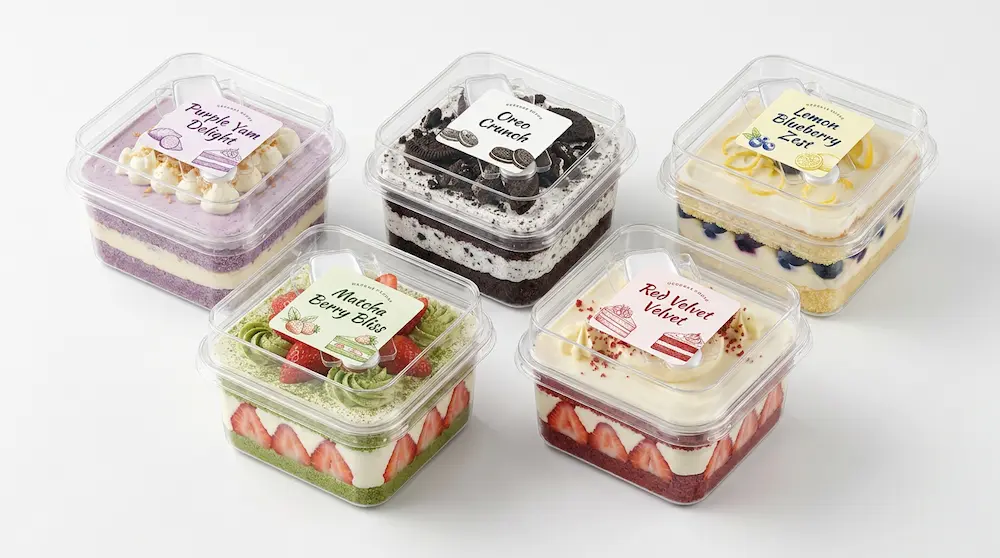 Clear square PET dessert boxes with flavor labels for assorted cake packaging