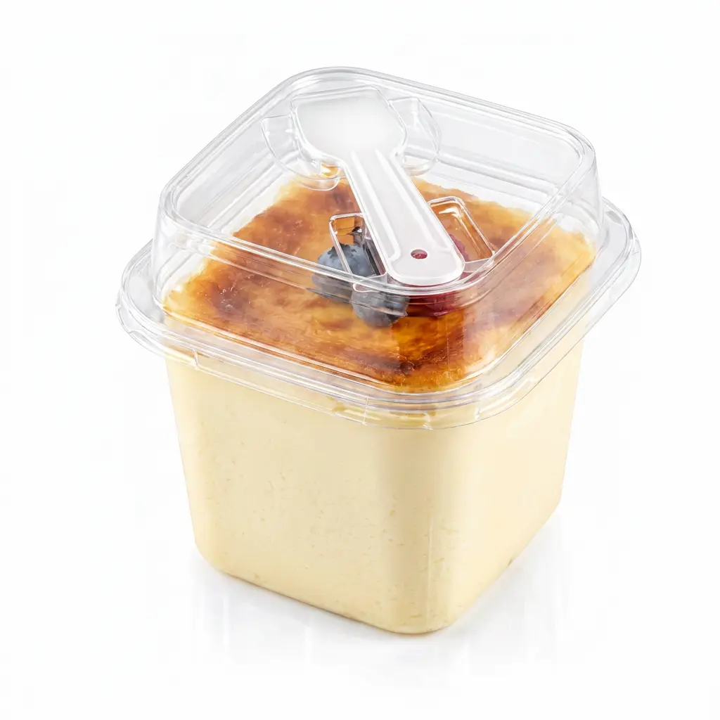 clear-square-pet-dessert-cup-basque-burnt-cheesecake Clear square PET dessert cup with spoon lid for Basque burnt cheesecake
