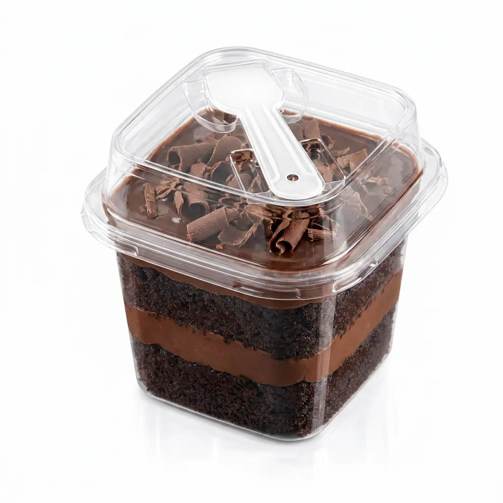clear-square-pet-dessert-cup-chocolate-fudge-cake Clear square PET dessert cup with spoon lid for chocolate fudge cake