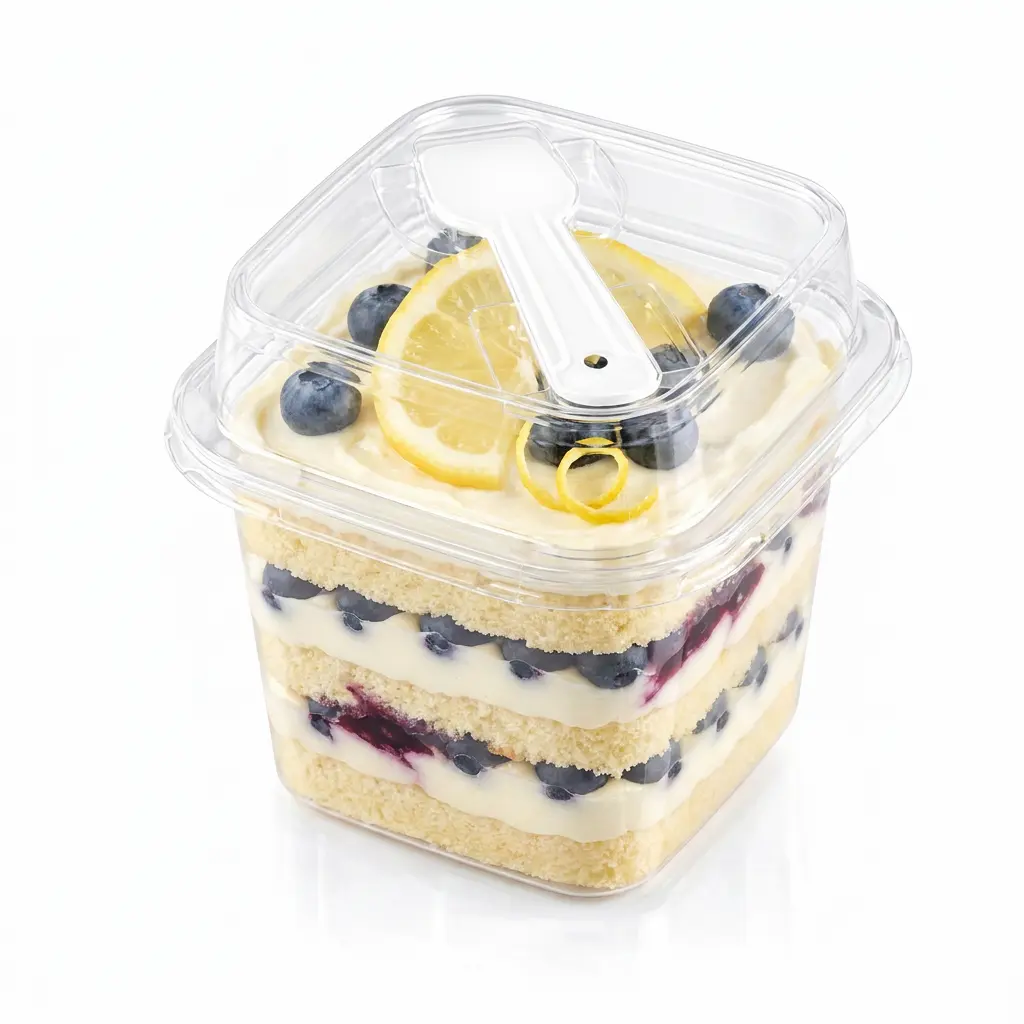 clear-square-pet-dessert-cup-lemon-blueberry-cake Clear square PET dessert cup with spoon lid for lemon blueberry cake