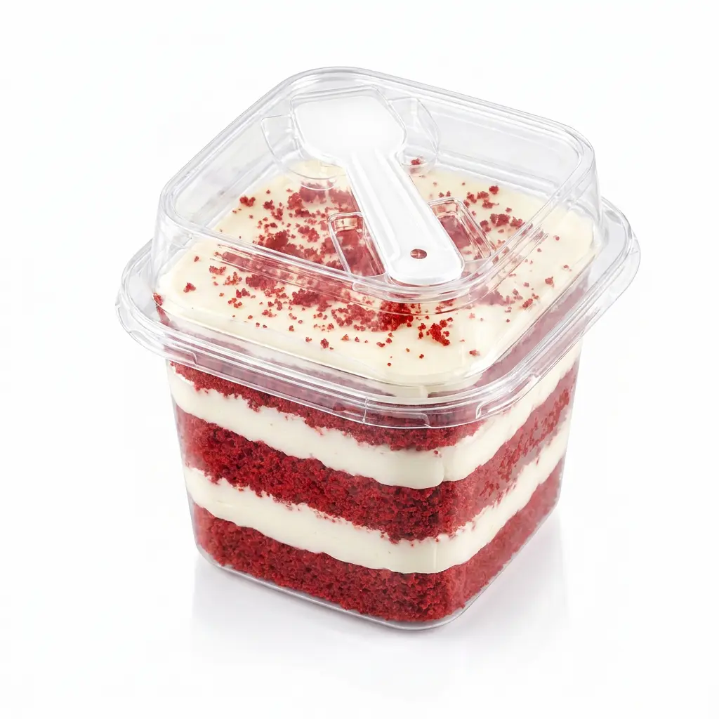 clear-square-pet-dessert-cup-red-velvet-cake Clear square PET dessert cup with spoon lid for red velvet cake