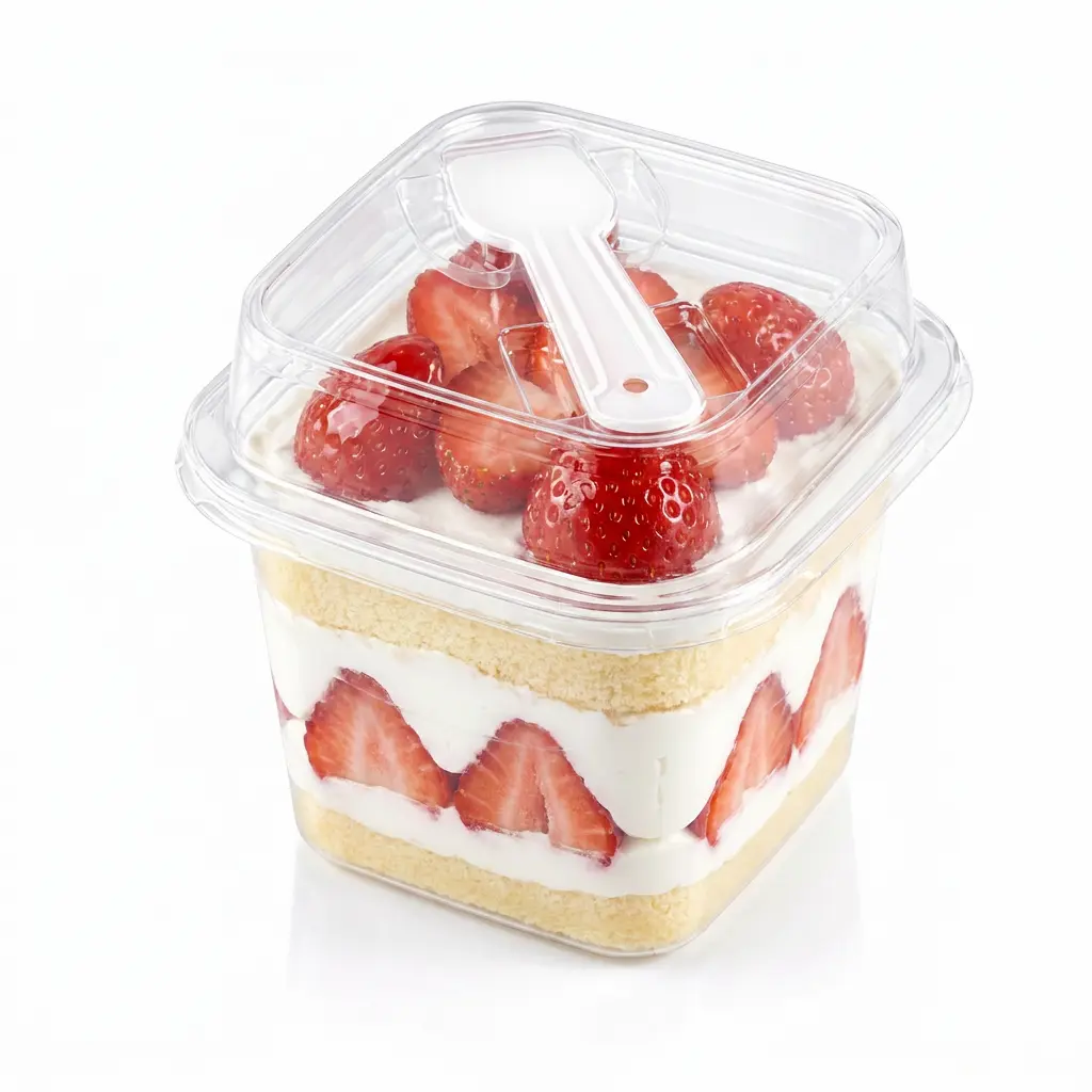 Clear square PET dessert cup with integrated spoon lid for strawberry shortcake