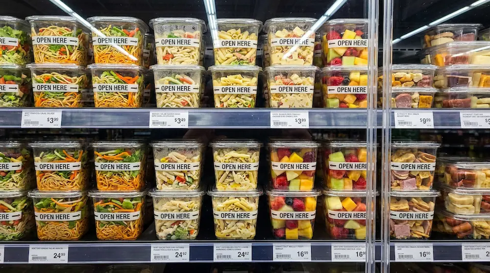 Clear square rPET tamper-evident containers for chilled salads pasta and fresh fruit snacks