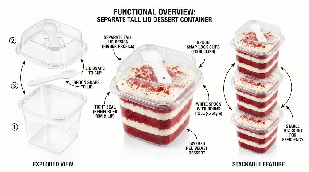 Clear square tall-lid PET dessert cup feature overview with exploded view tight seal and stackable design