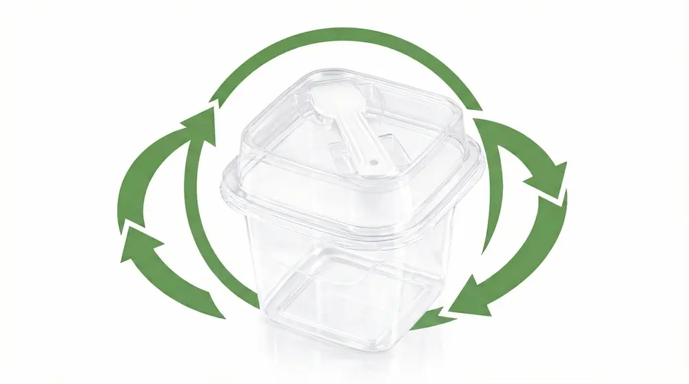 Clear square tall-lid PET dessert cup with integrated spoon and green recycling arrows