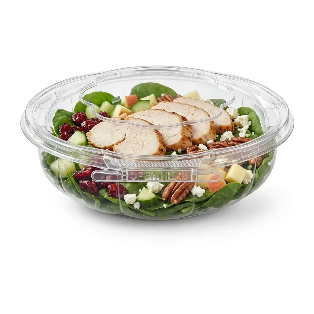 clear-tamper-evident-pet-round-bowl-turkey-cranberry-salad Clear tamper evident PET round bowl with dome lid for turkey cranberry pecan salad
