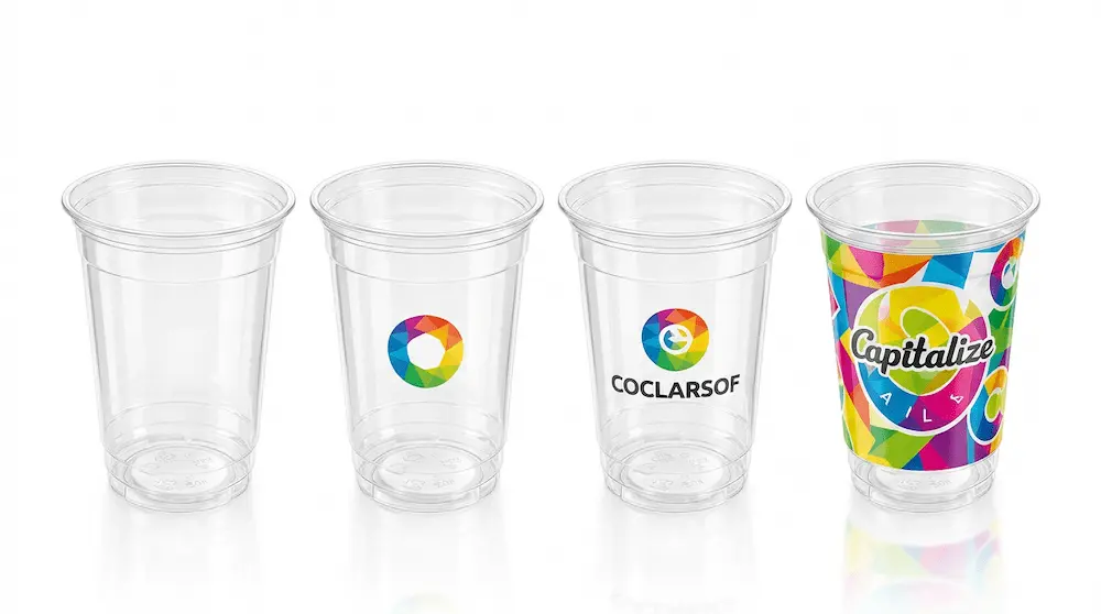 Custom printed 12oz clear PET cold cups with blank, logo, and full-wrap design options