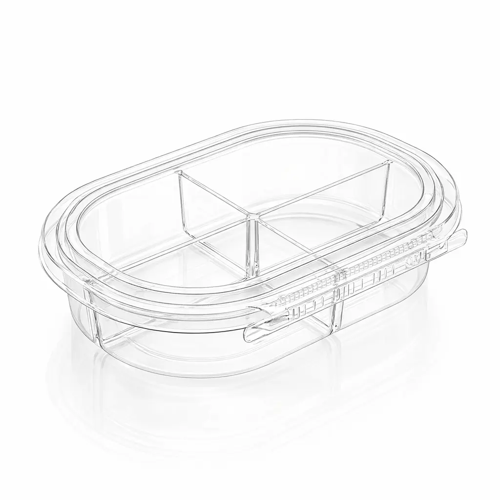 empty-24oz-rpet-four-compartment-tamper-evident-food-container Empty 24 oz RPET four-compartment tamper evident food container with clear hinged lid
