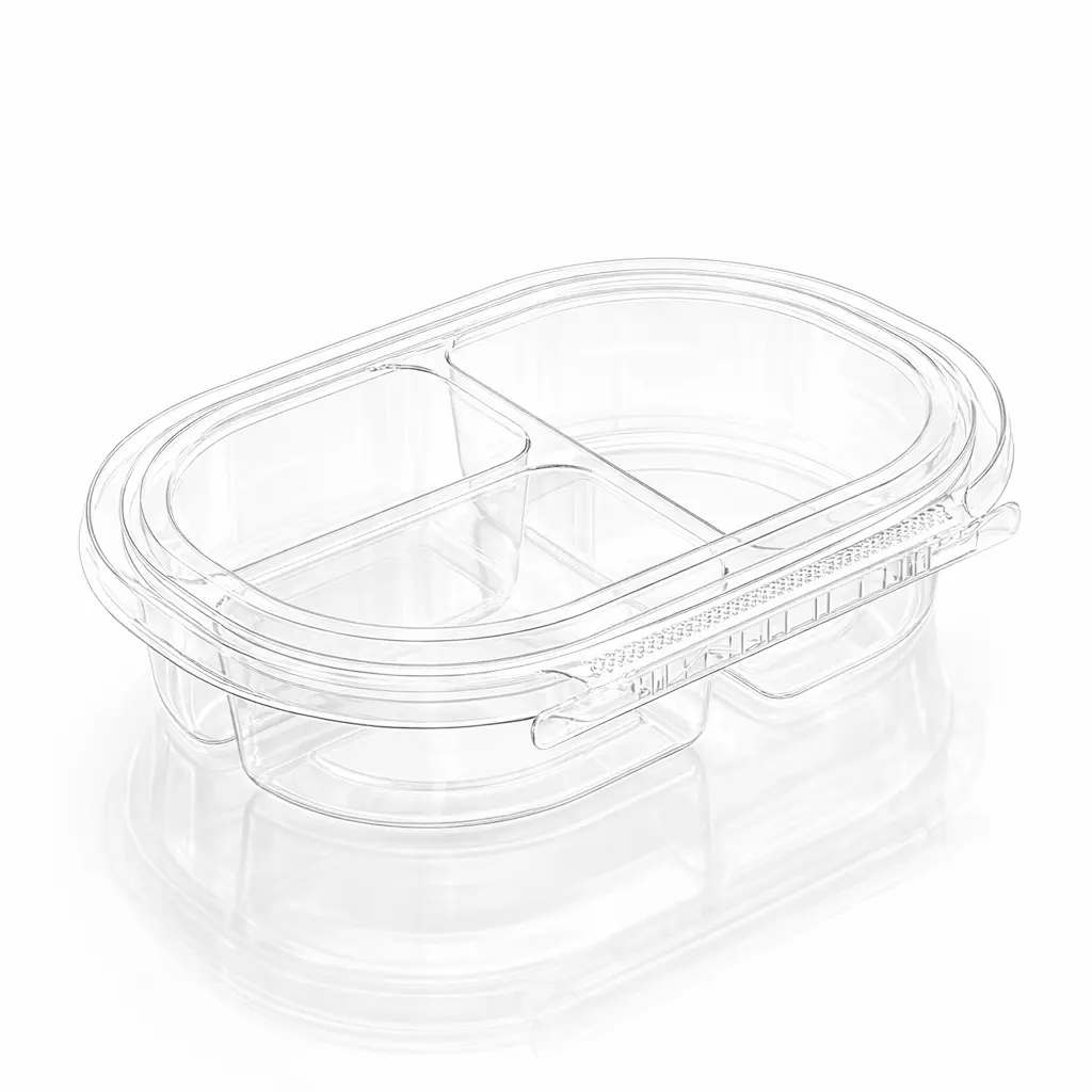 empty-24oz-rpet-three-compartment-tamper-evident-food-container Empty 24 oz RPET three-compartment tamper evident food container with clear hinged lid