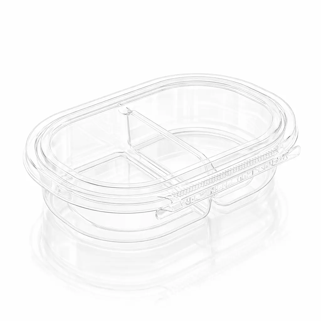 empty-24oz-rpet-two-compartment-tamper-evident-food-container Empty 24 oz RPET two-compartment tamper evident food container with clear hinged lid