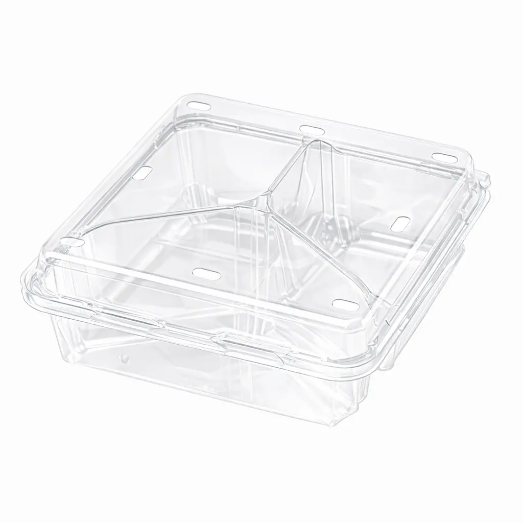 empty-3-compartment-pet-clamshell-container Empty 3 Compartment PET Clamshell Container showing the clear internal divider structure