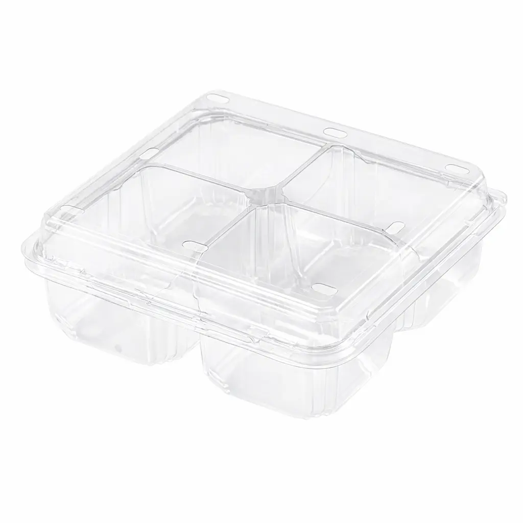 empty-4-compartment-pet-clamshell-container Empty 4 Compartment PET Clamshell Container showing the clear internal divider structure