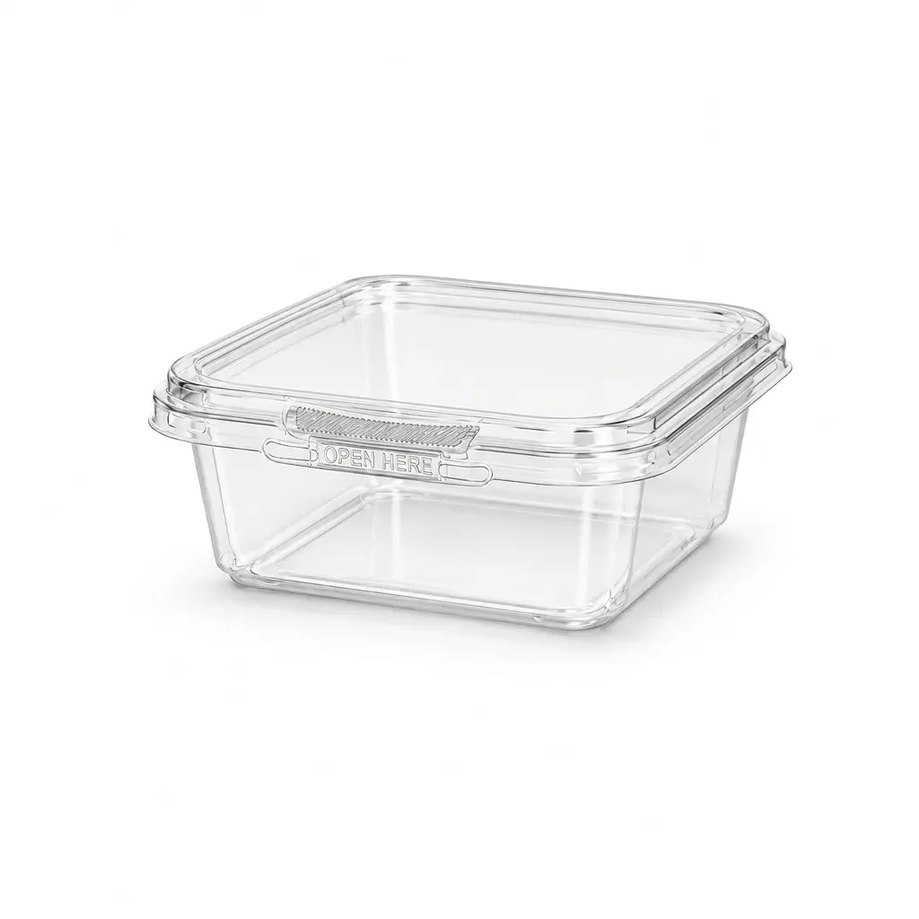 empty-8oz-240ml-clear-square-pet-tamper-evident-container Empty 8OZ/240ml Clear Square PET Tamper Evident Containers with open here tab